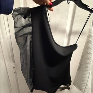 TCEC Black One-Shoulder Bodysuit with Sheer Ruffle Sleeve